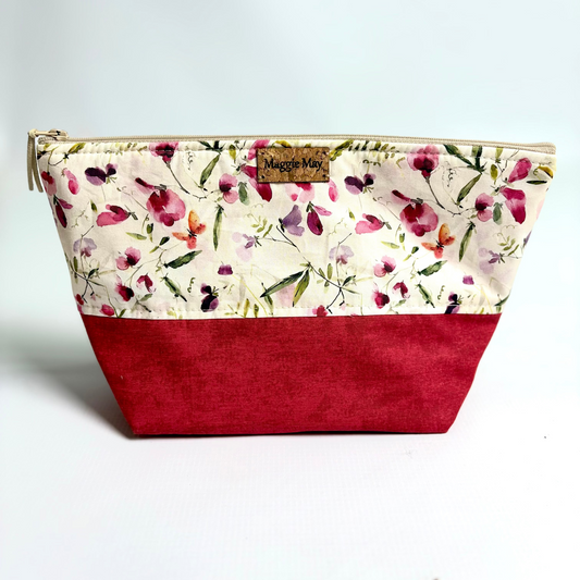 Large Vintage Flower Print with Red Accent Bottom Cosmetic/Toiletry Bag