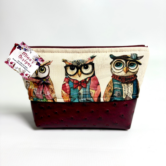 Small Vintage Owl Print with Maroon Faux Ostrich Leather Cosmetic/Toiletry Bag