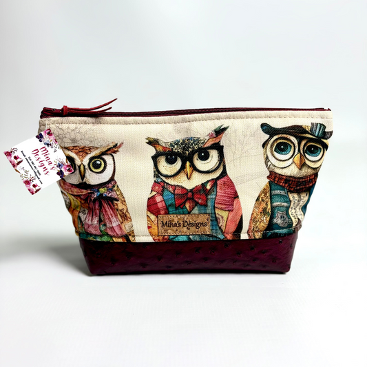 Medium Vintage Owl Print with Maroon Faux Ostrich Leather Cosmetic/Toiletry Bag
