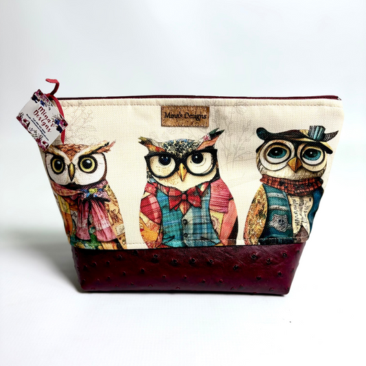 Large Vintage Owl Print with Maroon Faux Ostrich Leather Cosmetic/Toiletry Bag