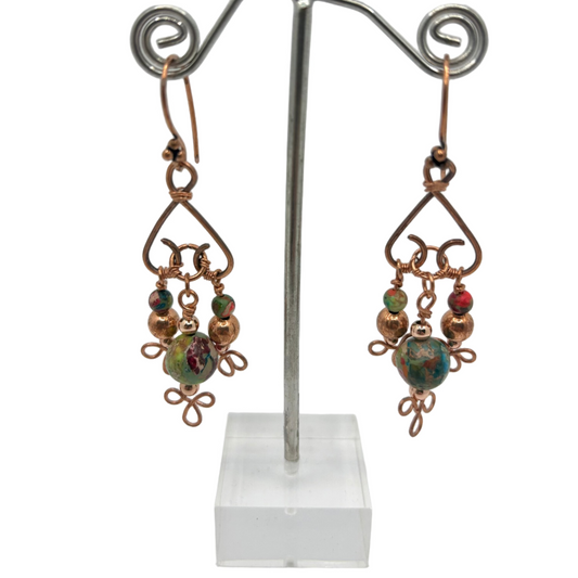 Solid copper triple heart Imperial Jasper earrings
