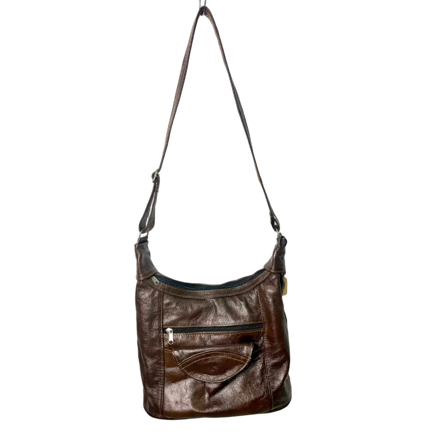 Brown Patent Genuine Leather Medium Shoulder Handbag