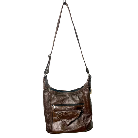 Brown Patent Genuine Leather Medium Shoulder Handbag