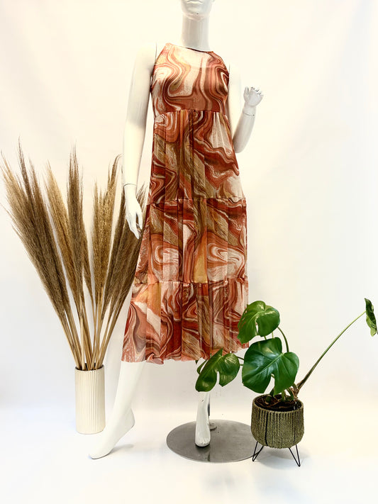 Orange Swirl Sleeveless Mesh Dress with Underdress