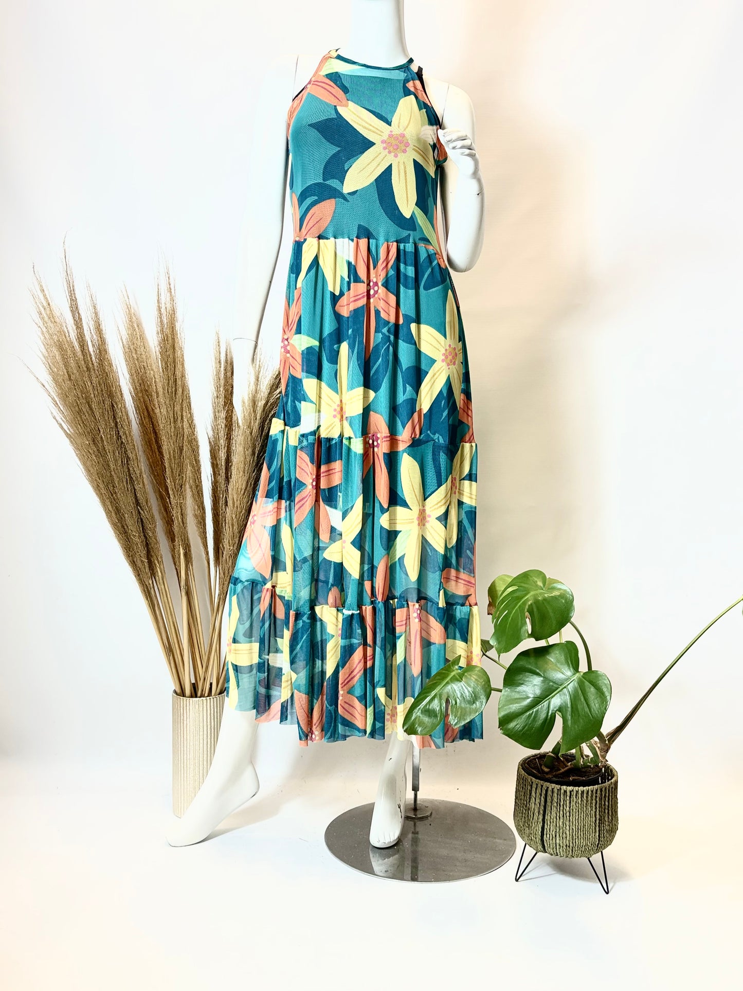 Turquoise Floral Sleeveless Mesh Dress with Underdress