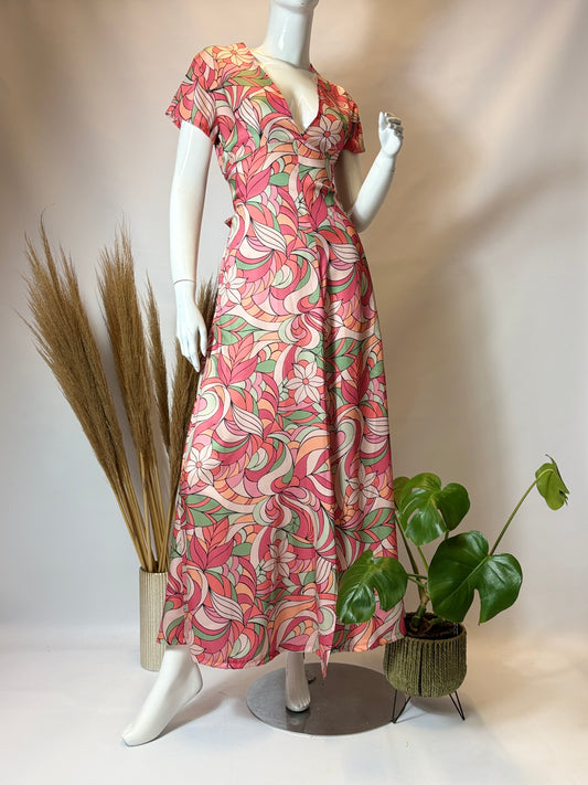 Rose Stained Glass Cap Sleeve Dress with Front Slit