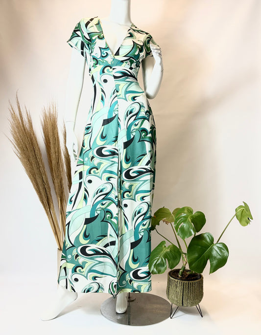 Aqua Stained Glass Cap Sleeve Dress with Front Slit