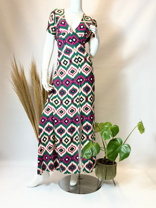 Geometric Print Cap Sleeve Dress with Front Slit