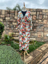 Load image into Gallery viewer, White with Olive and Tangerine Tropical Print Long Kimono jatrade.co.za
